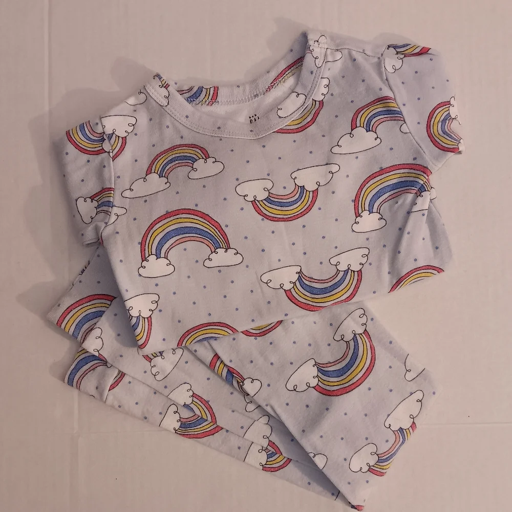 GAP Rainbow Polka Dots Clouds Print Pajama Set Long Sleeve Pants Soft pjs